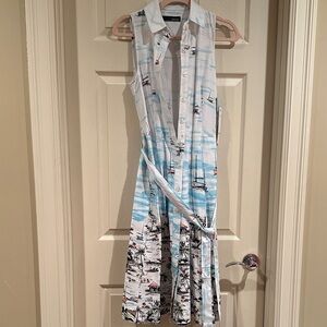 Chetta B White Dress with Light Blue and Black Tropical Print